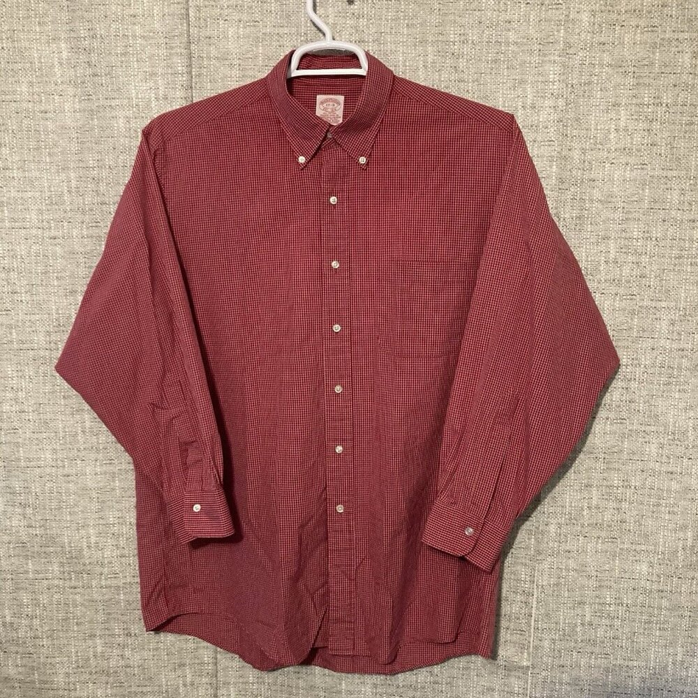 Brooks Brothers Cotton Shirt Size 17-3 Red Mini Check With Pocket